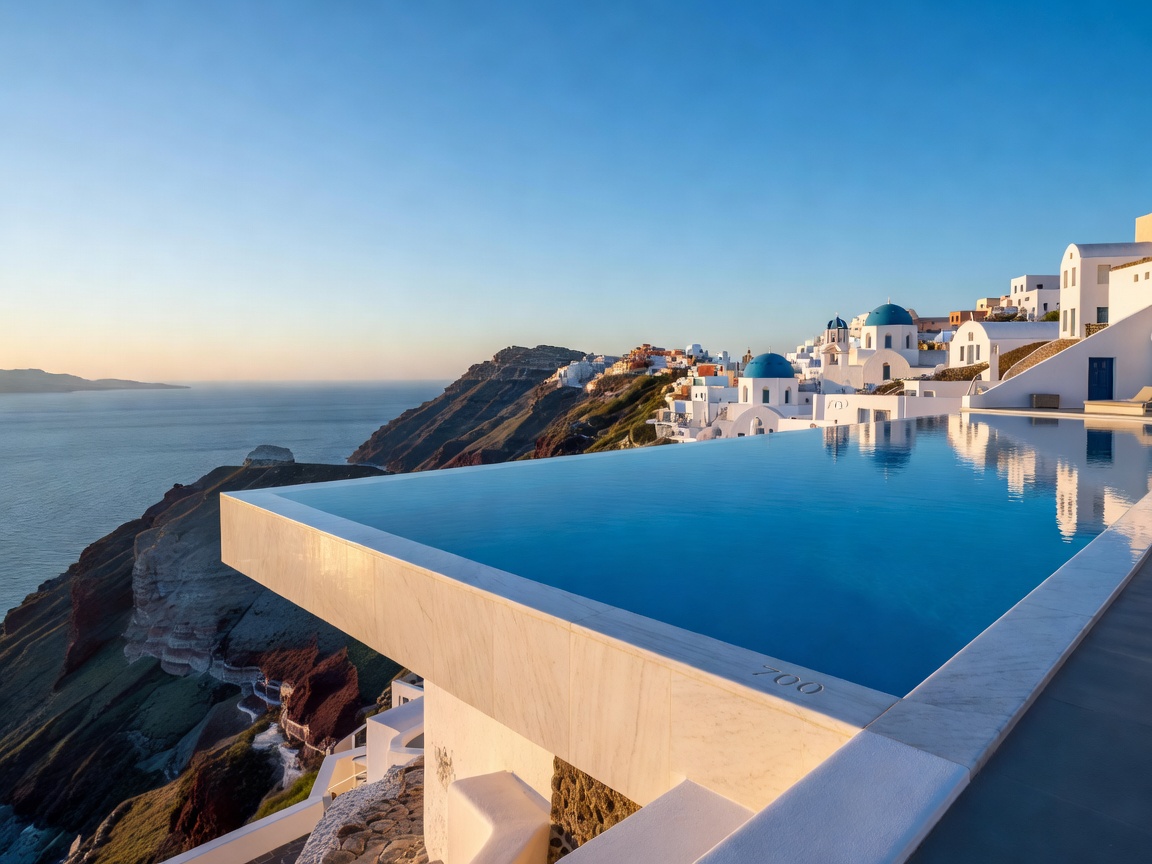Blue infinity pool meeting the horizon above Santorini cliffs