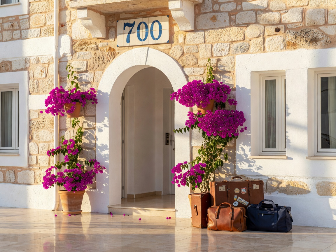 Bright Mediterranean hotel entrance with travel bags nearby