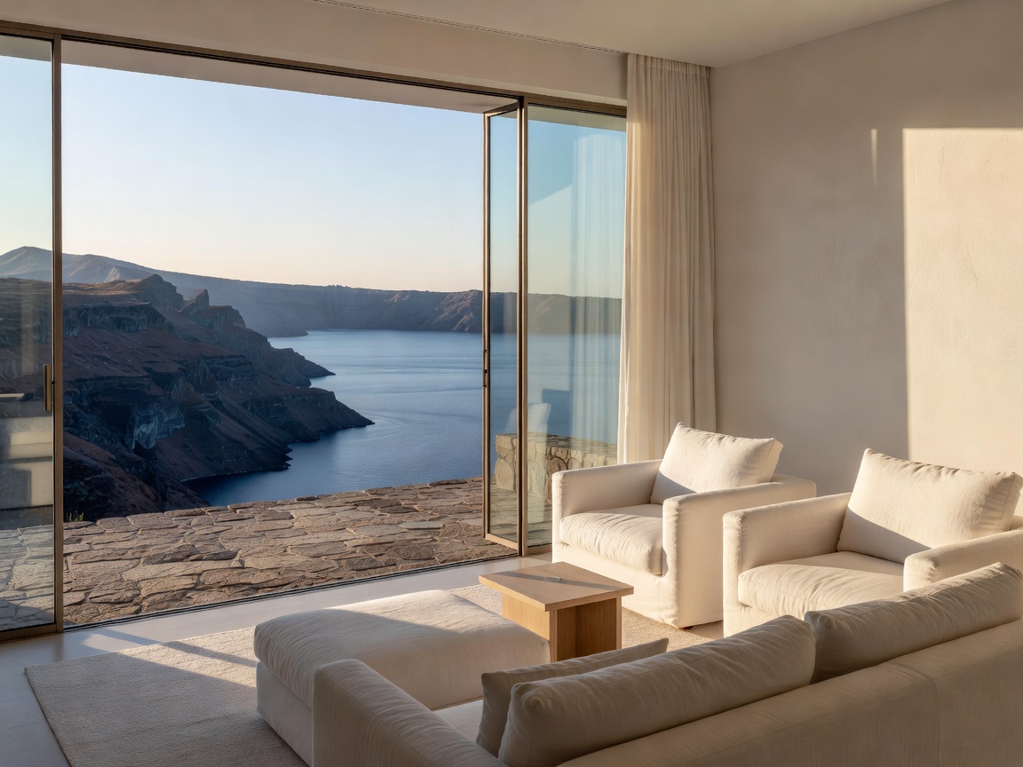 Caldera-facing suite with white walls and linen seating