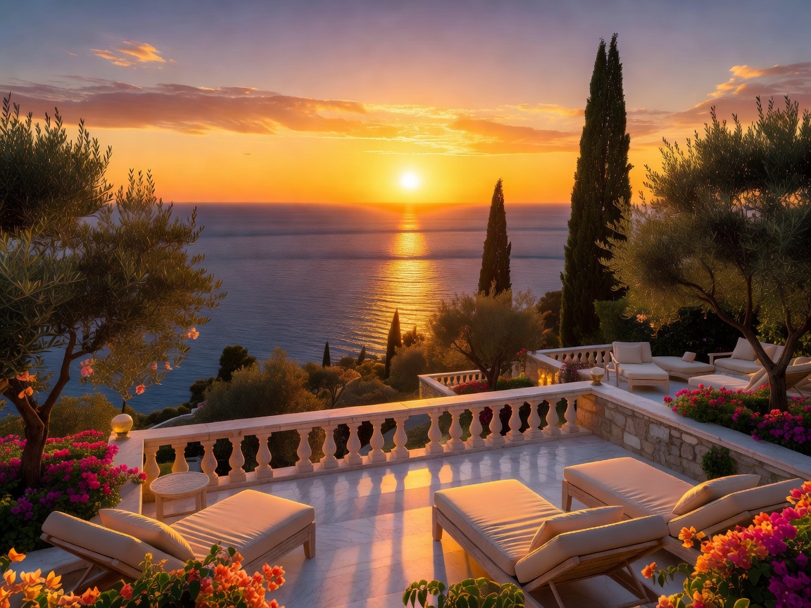 Golden sunset over the Aegean from a resort terrace