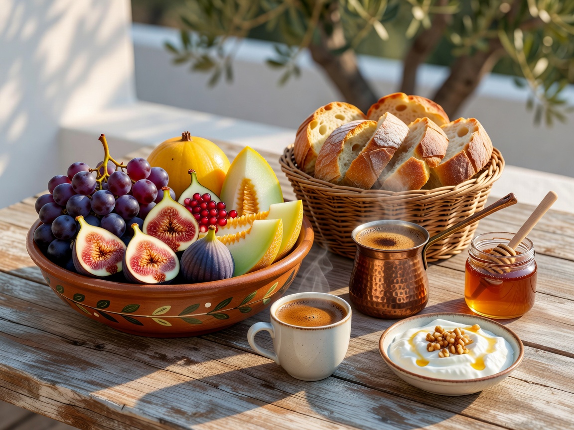 Greek breakfast table with fruit, bread and coffee