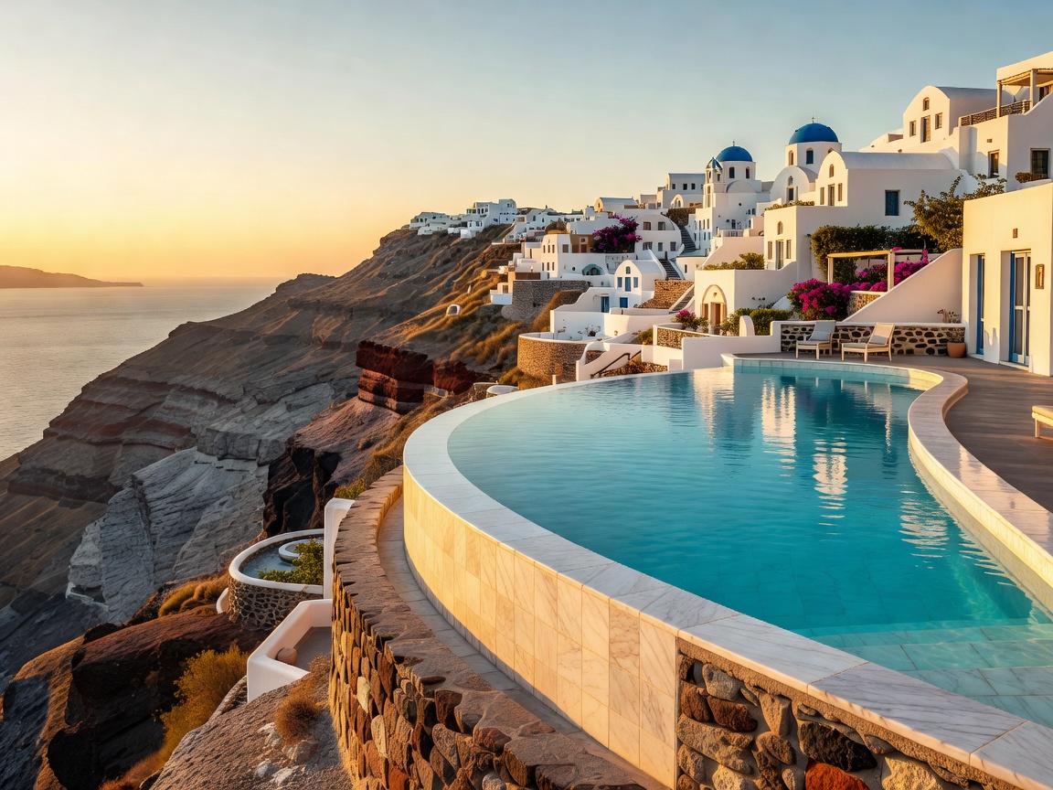 Infinity pool arranged along a Santorini cliffside