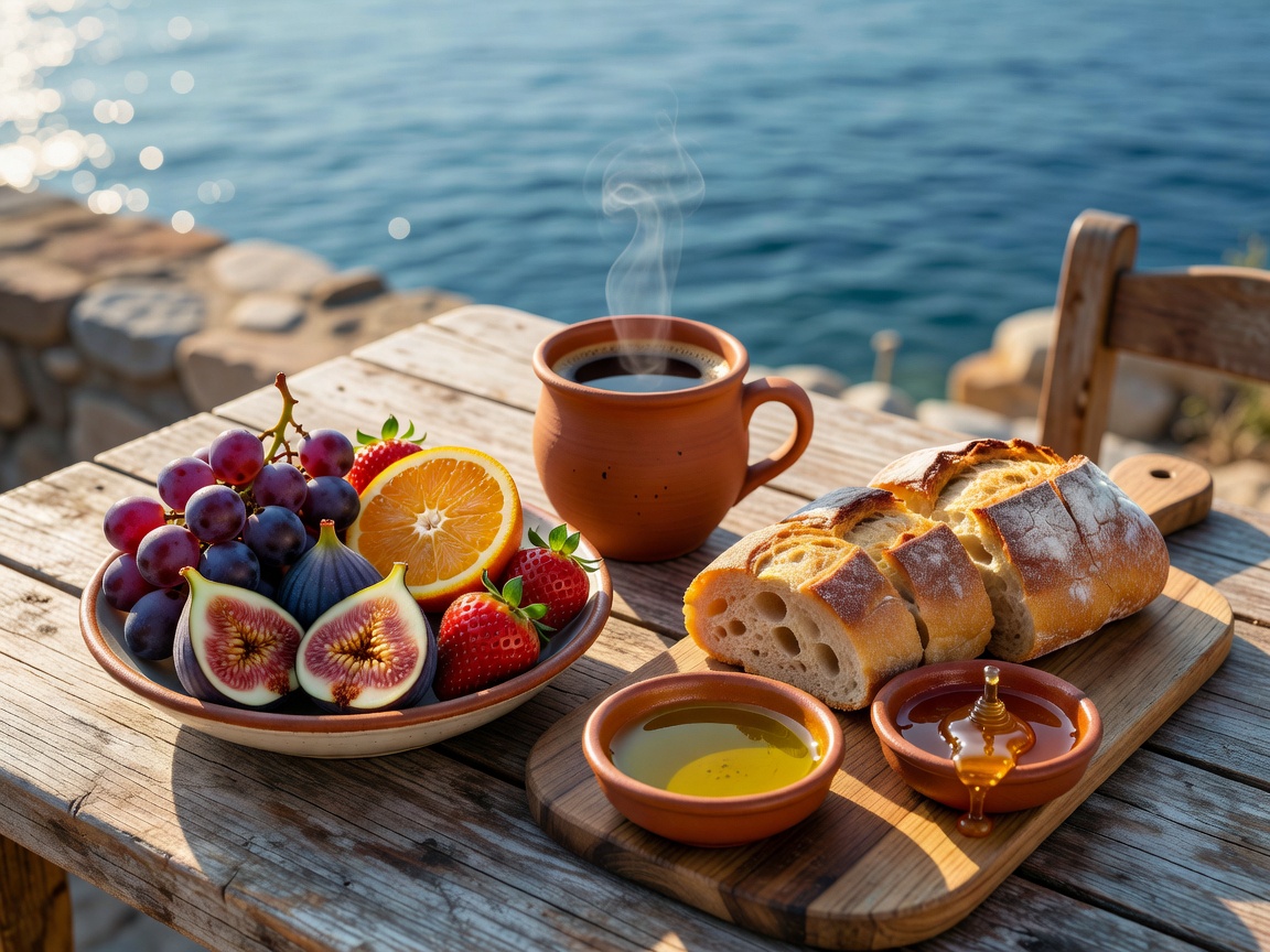 Mediterranean breakfast spread with coffee, fruit and fresh bread