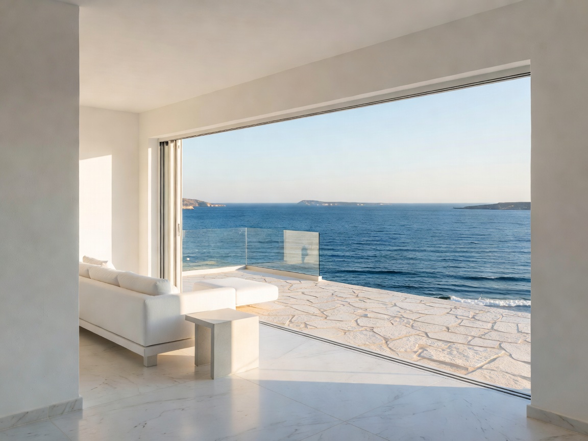 Minimal white suite opening onto a private Aegean-facing terrace
