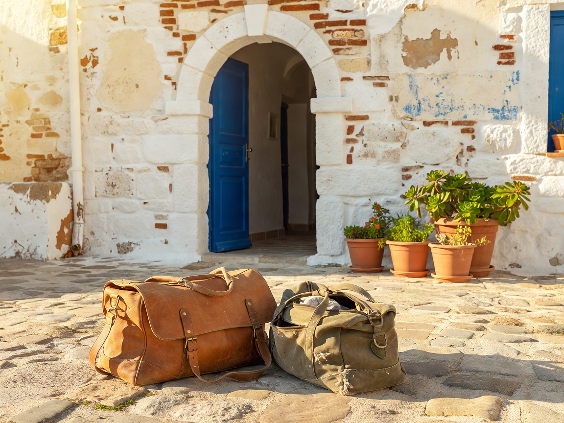 Travel bags beside a bright Mediterranean doorway