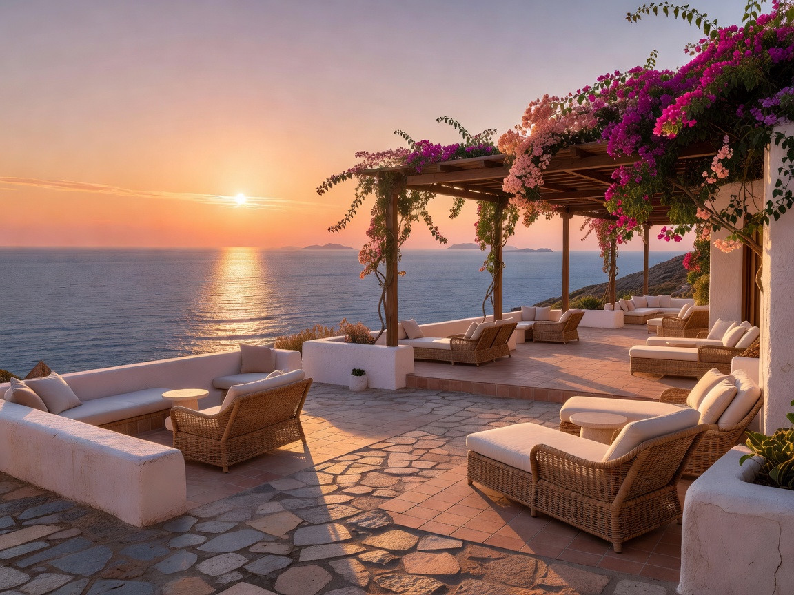 Warm sunset light across a quiet Aegean resort terrace