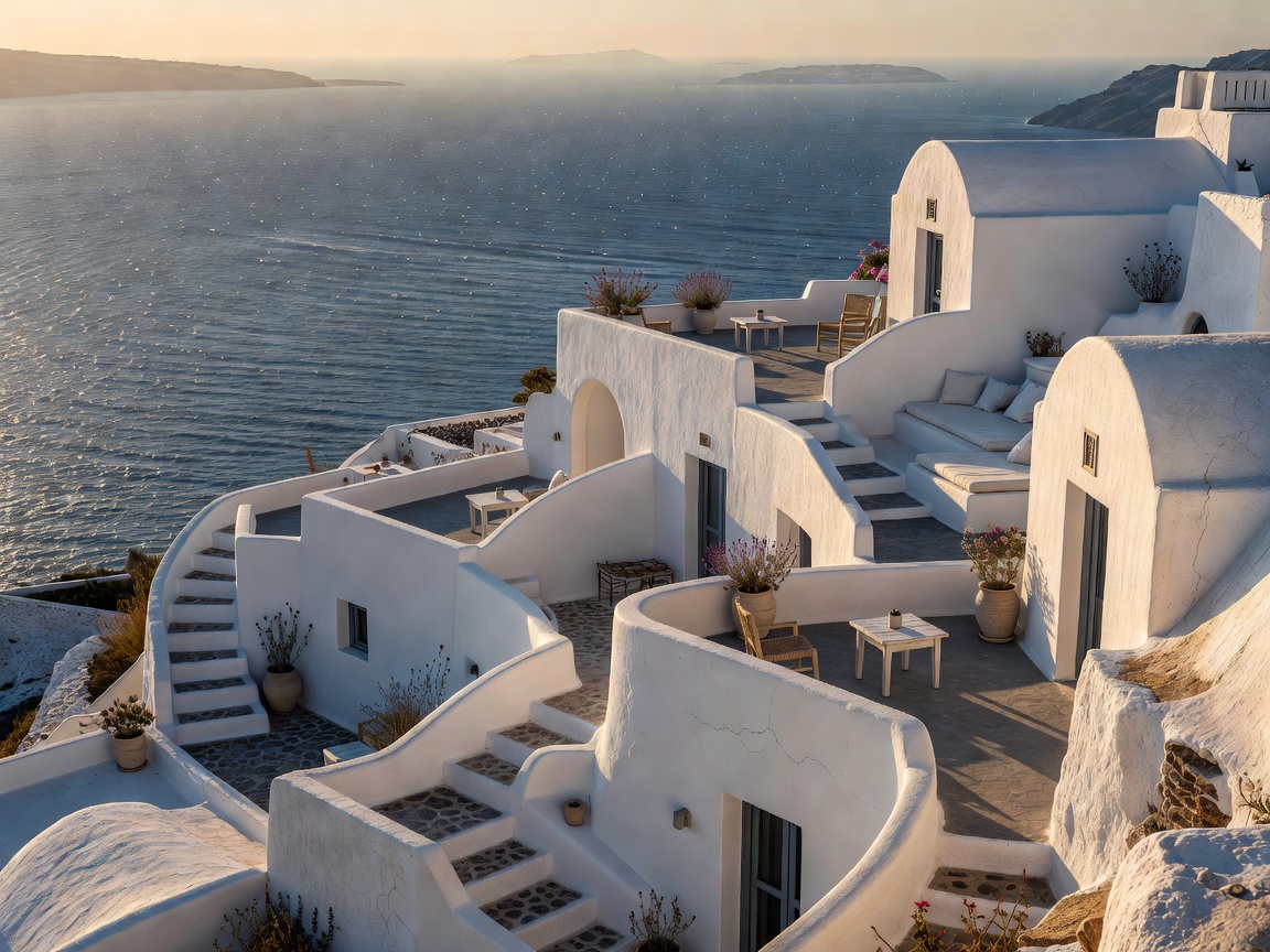Whitewashed Santorini-style resort terraces overlooking the Aegean Sea